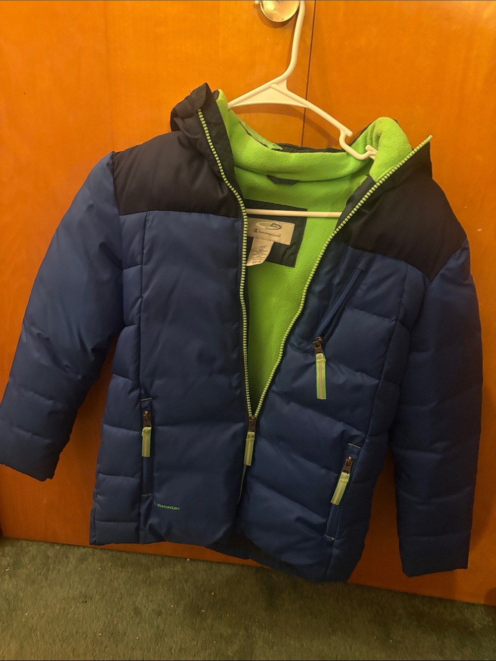 Champion Blue Puffer Jacket with Lime Green Lining
